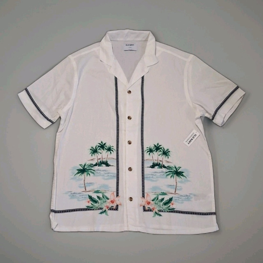 Old Navy Mens Size M Tall Short Sleeve Shirt Tropical Palm Print Summer Camp NWT - Picture 2 of 12